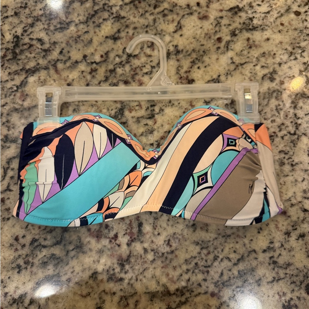Trina Turk Strapless Bikini Top in Aqua, Peach & Lavender Print